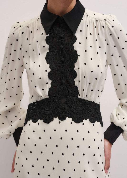 Cream Winter Polka Dot Lace Trim Maxi Dress