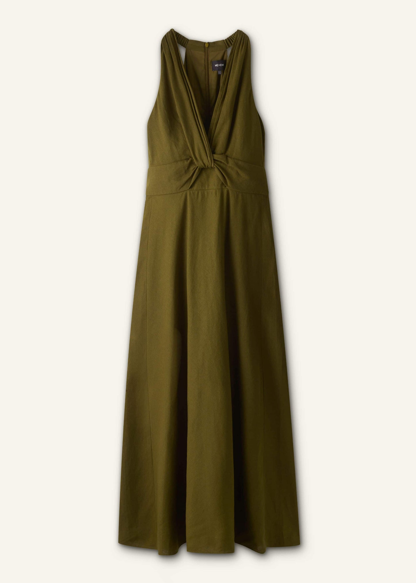 Olive Green Crease-Less Linen Twist Front Maxi Dress