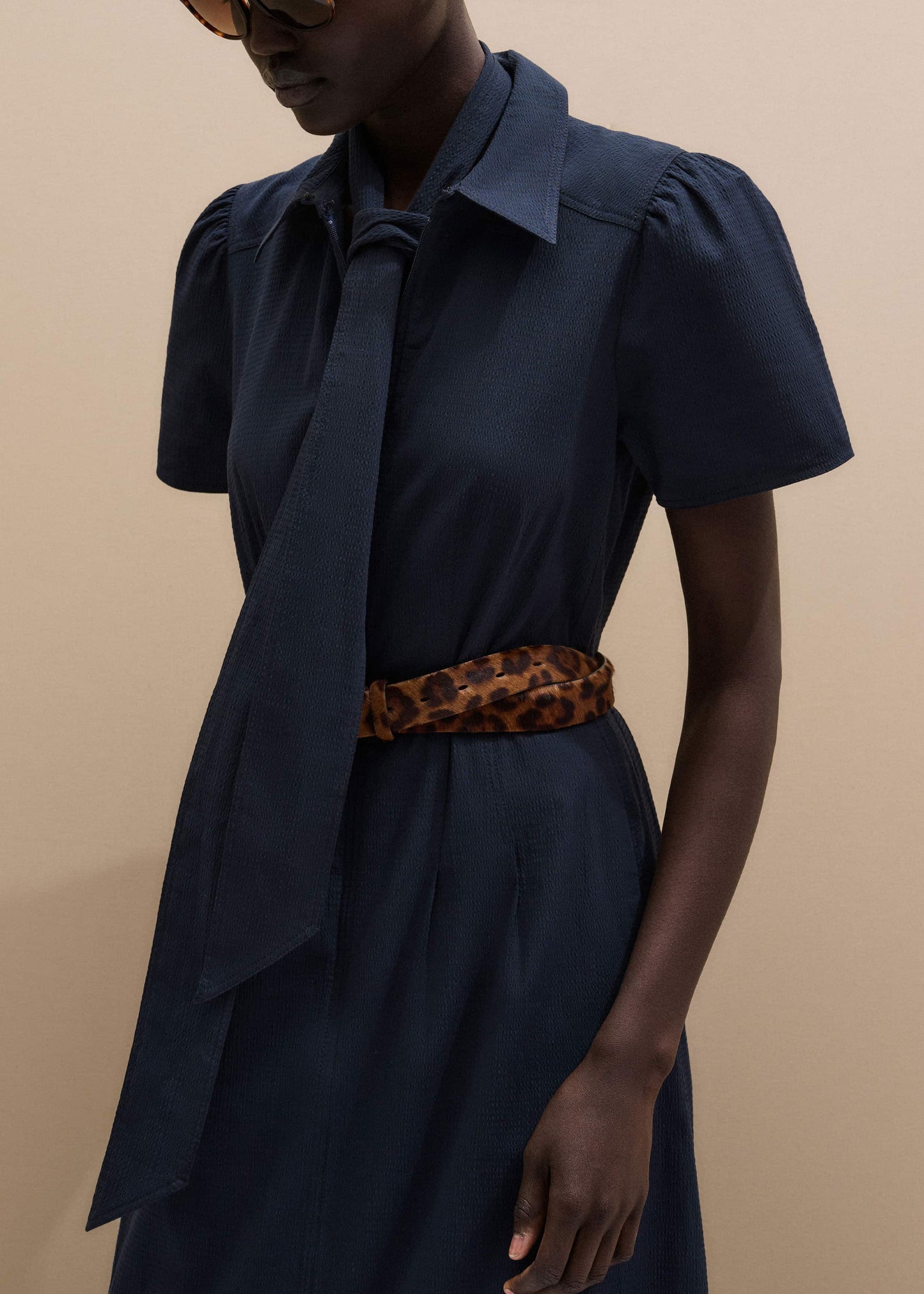 Navy Cotton Seersucker Fit + Flare Midi Dress