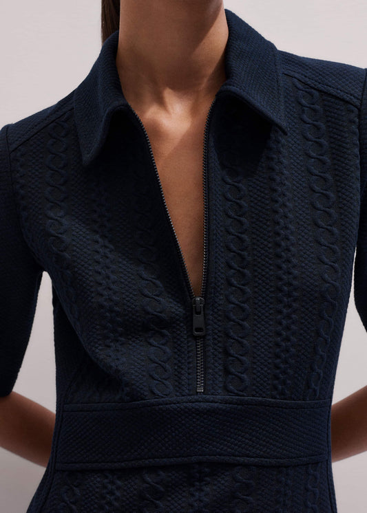Navy Cable Jacquard Half-Zip Midi Dress
