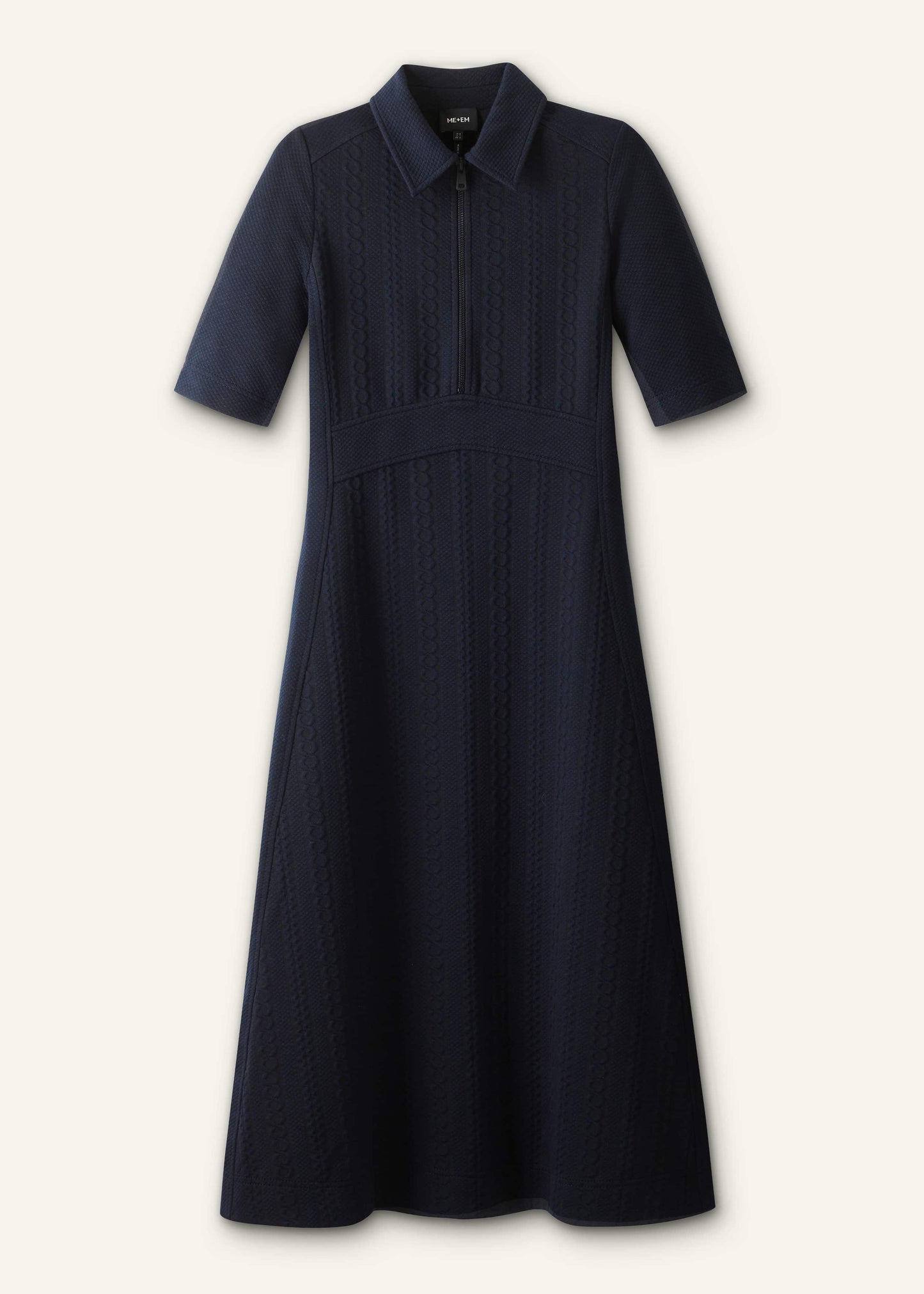 Navy Cable Jacquard Half-Zip Midi Dress