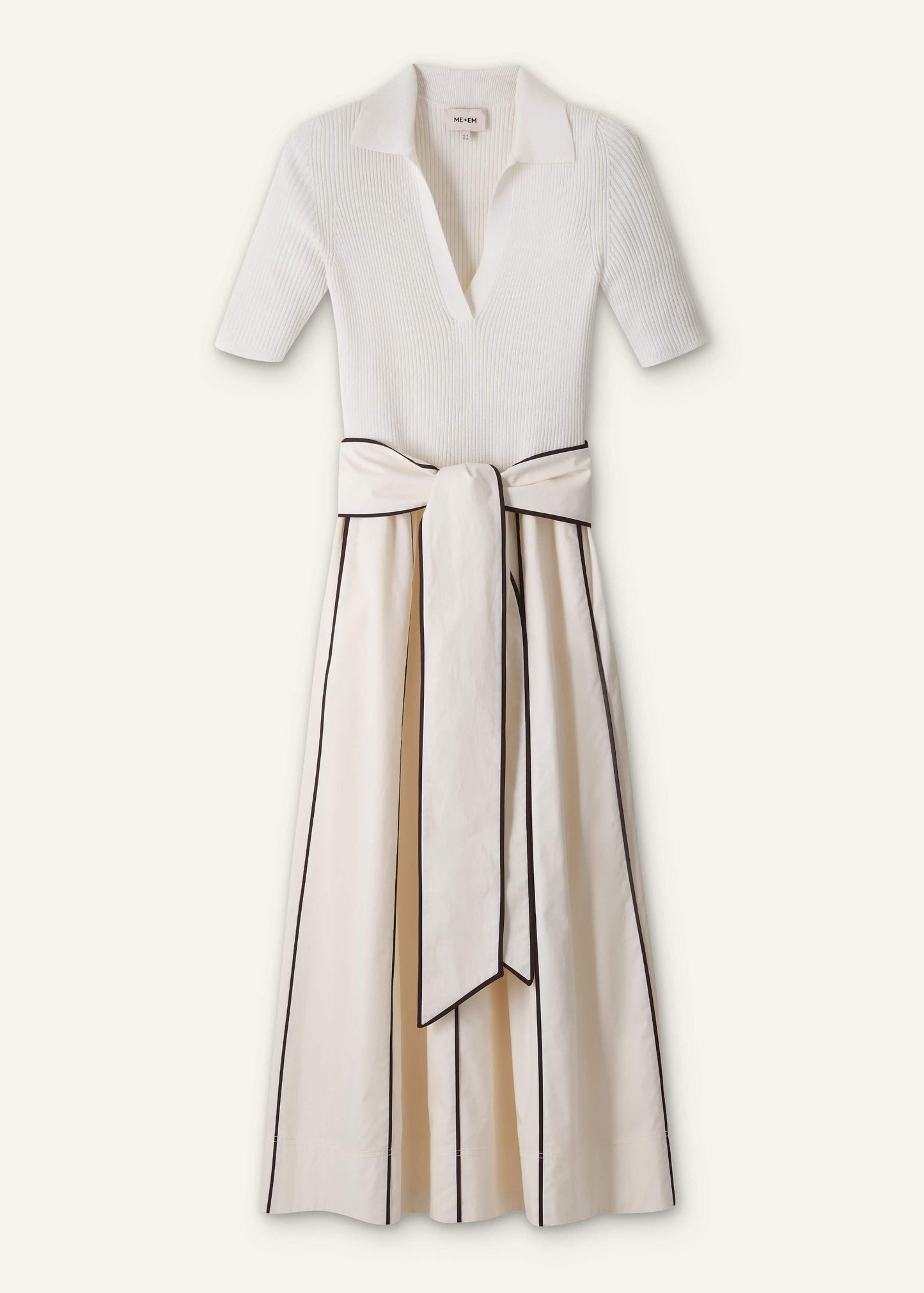 Cream Mixed Media Fit And Flare Midi Dress + Belt