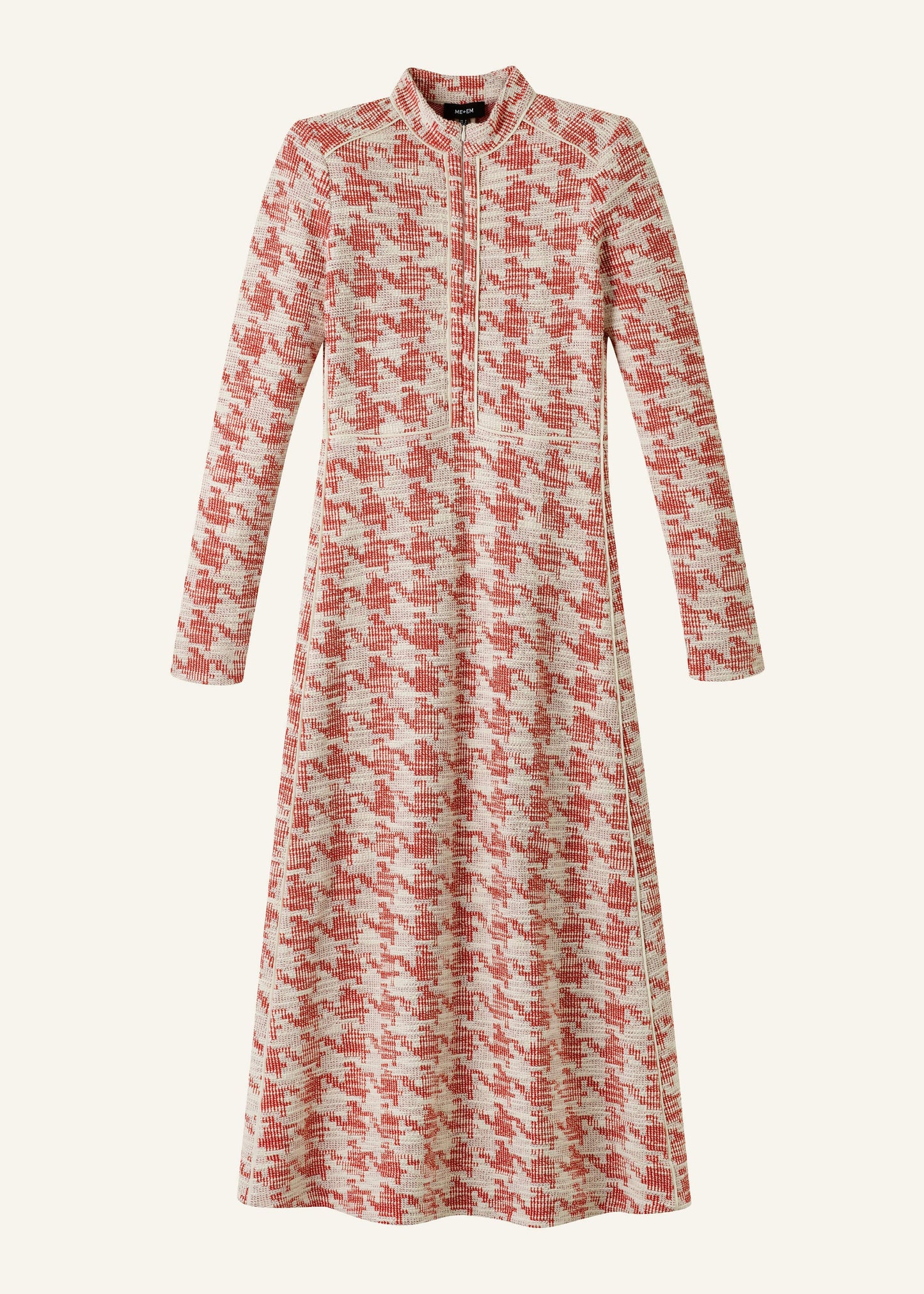 Red Exaggerated Houndstooth Midi Dress