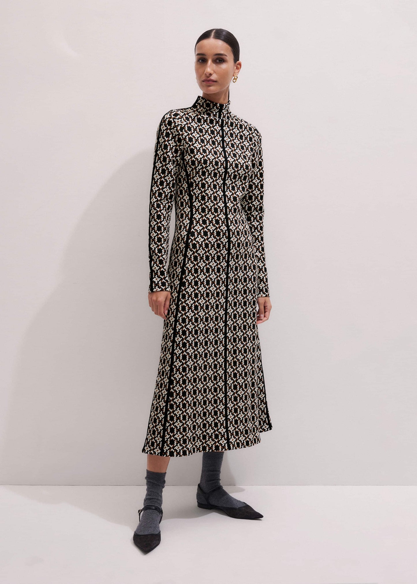 Navy Graphic Jacquard Fit and Flare Midi Dress