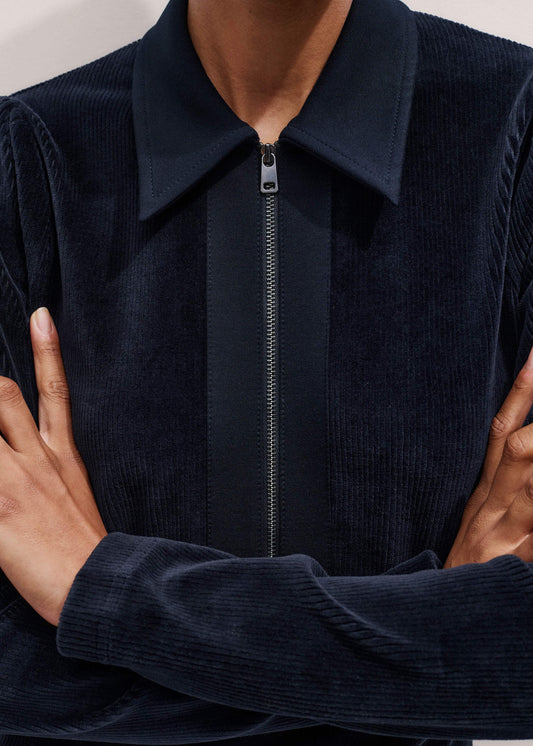 Navy Ponte Collared Cord Velour AM-PM Midi Dress