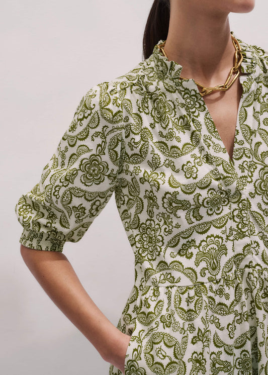 Green Entangled Lace Print Tiered Short Dress