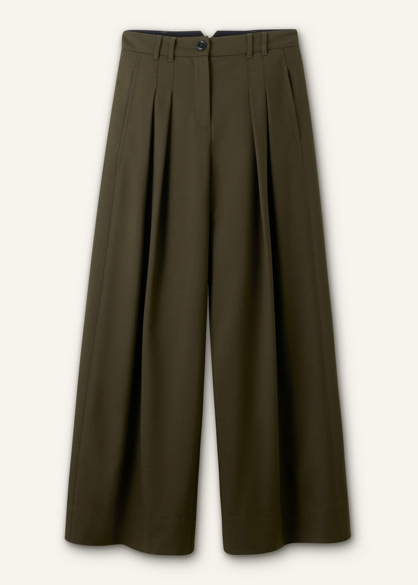Olive Green Wide-Leg Double Pleat Pant