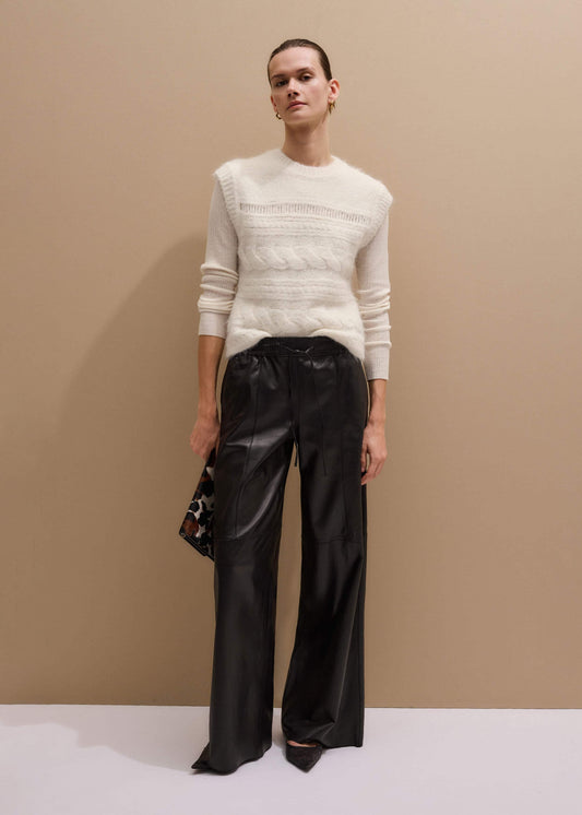 Warm Black Leather Wide-Leg Track Pant