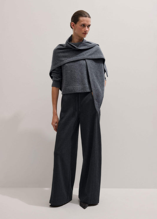 Gray Herringbone Barrel-Leg Pant