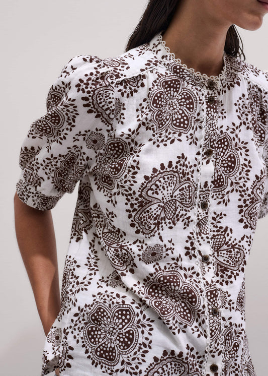 White Cheesecloth In-Full-Bloom Print Straight Blouse