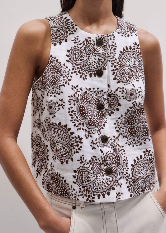 White Cheesecloth Full Bloom Print Short Straight Top