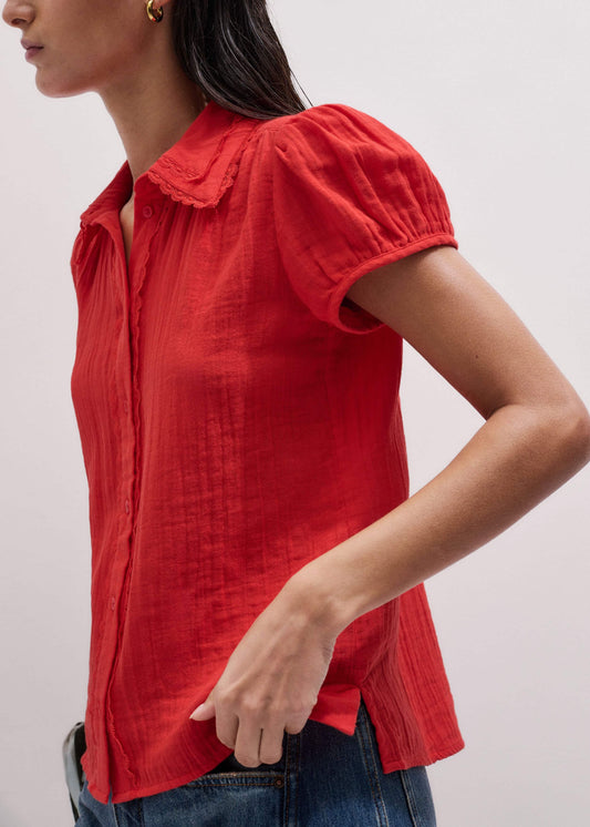 Red Cheesecloth Cap-Sleeve Blouse