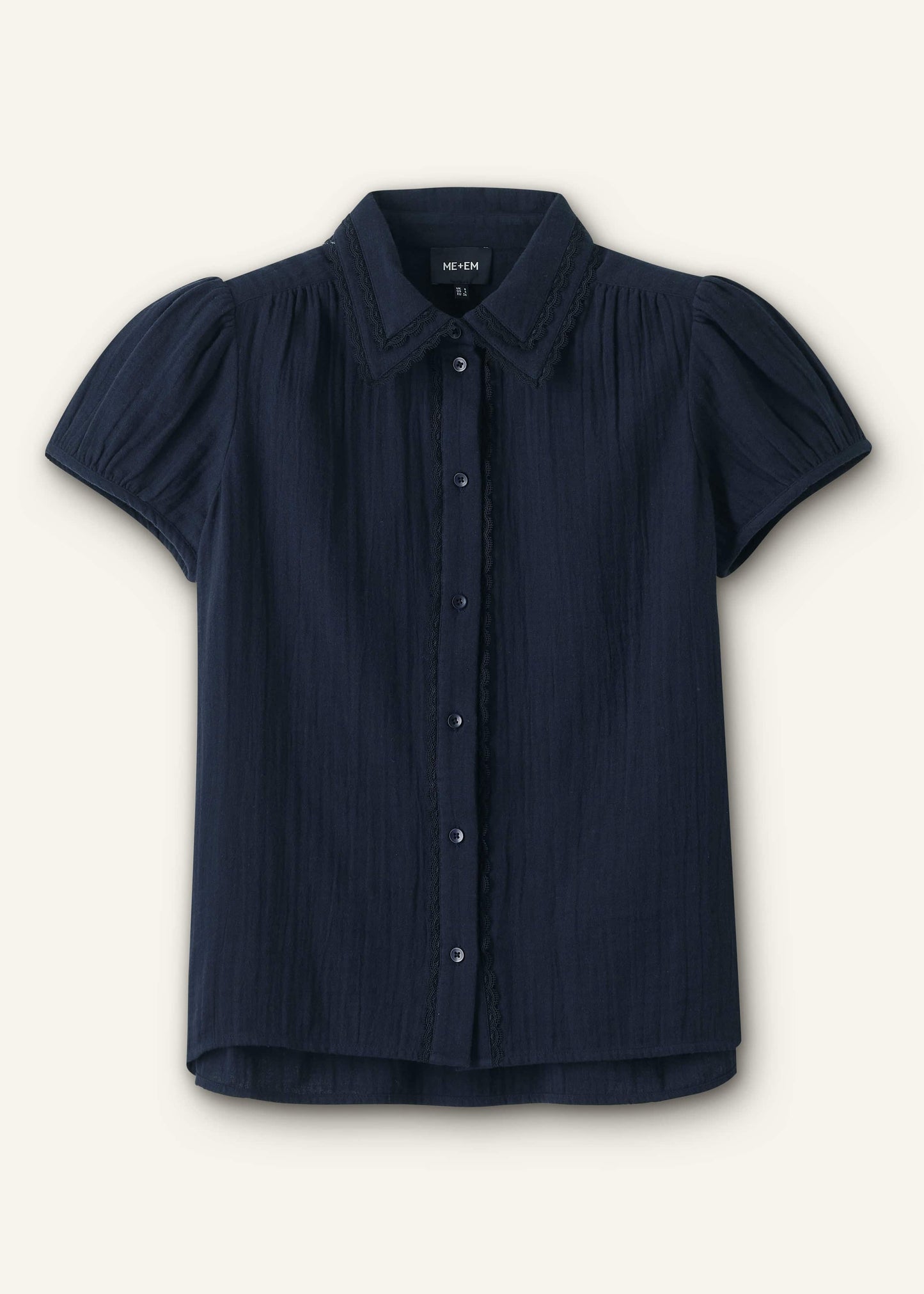 Navy Cheesecloth Cap-Sleeve Blouse