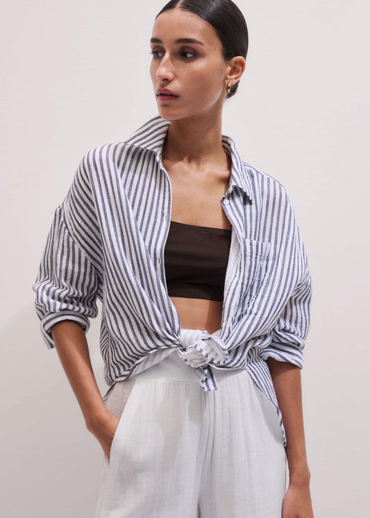 Navy Cheesecloth Relaxed Stripe Shirt