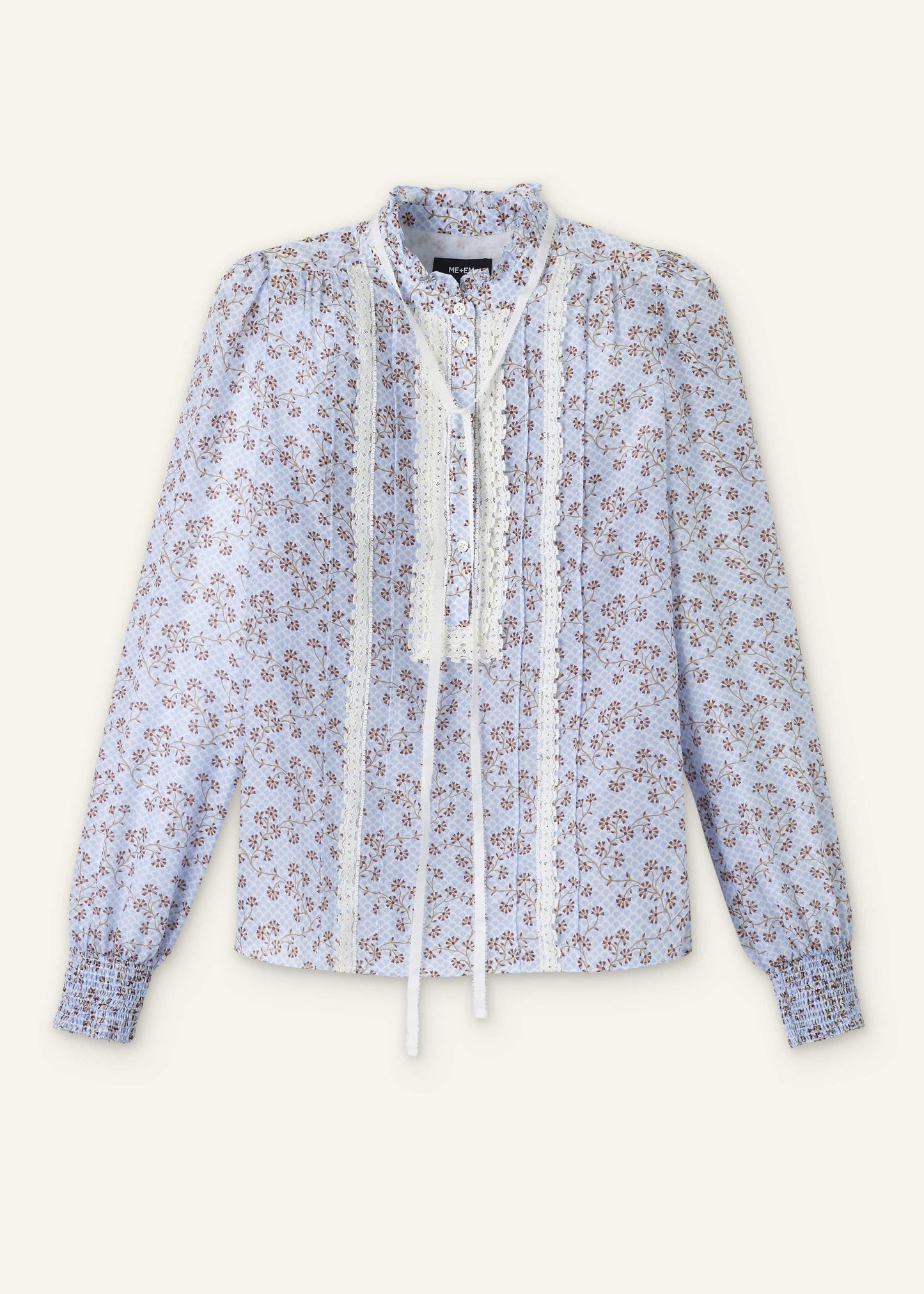 Blue Scallop Daisy Print Trim Detail Blouse + Tie