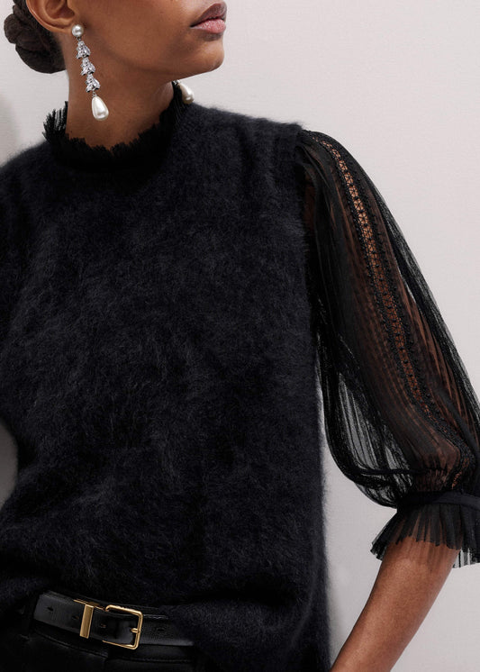Black Lace Insert Tulle Layering Blouse