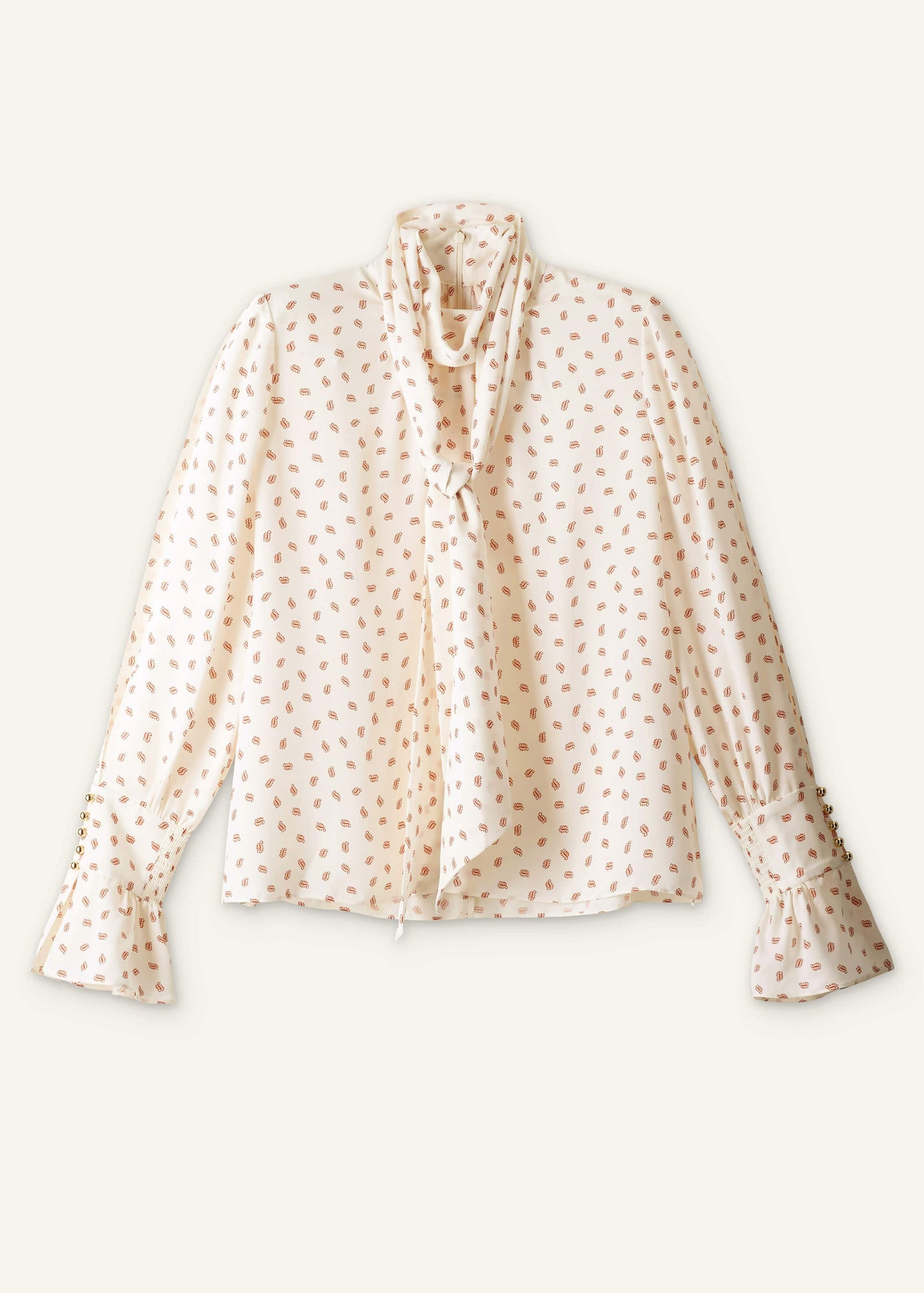 Cream Silk Spaced Paisley Print Statement Sleeve Blouse + Tie