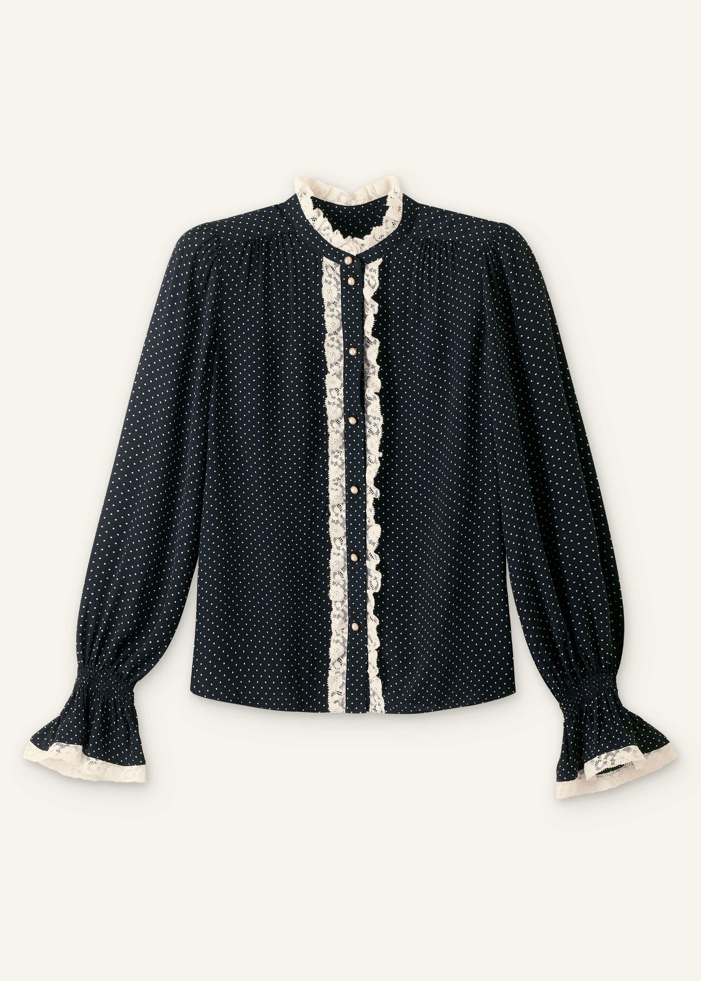 Black Micro Polka Dot And Lace Blouse