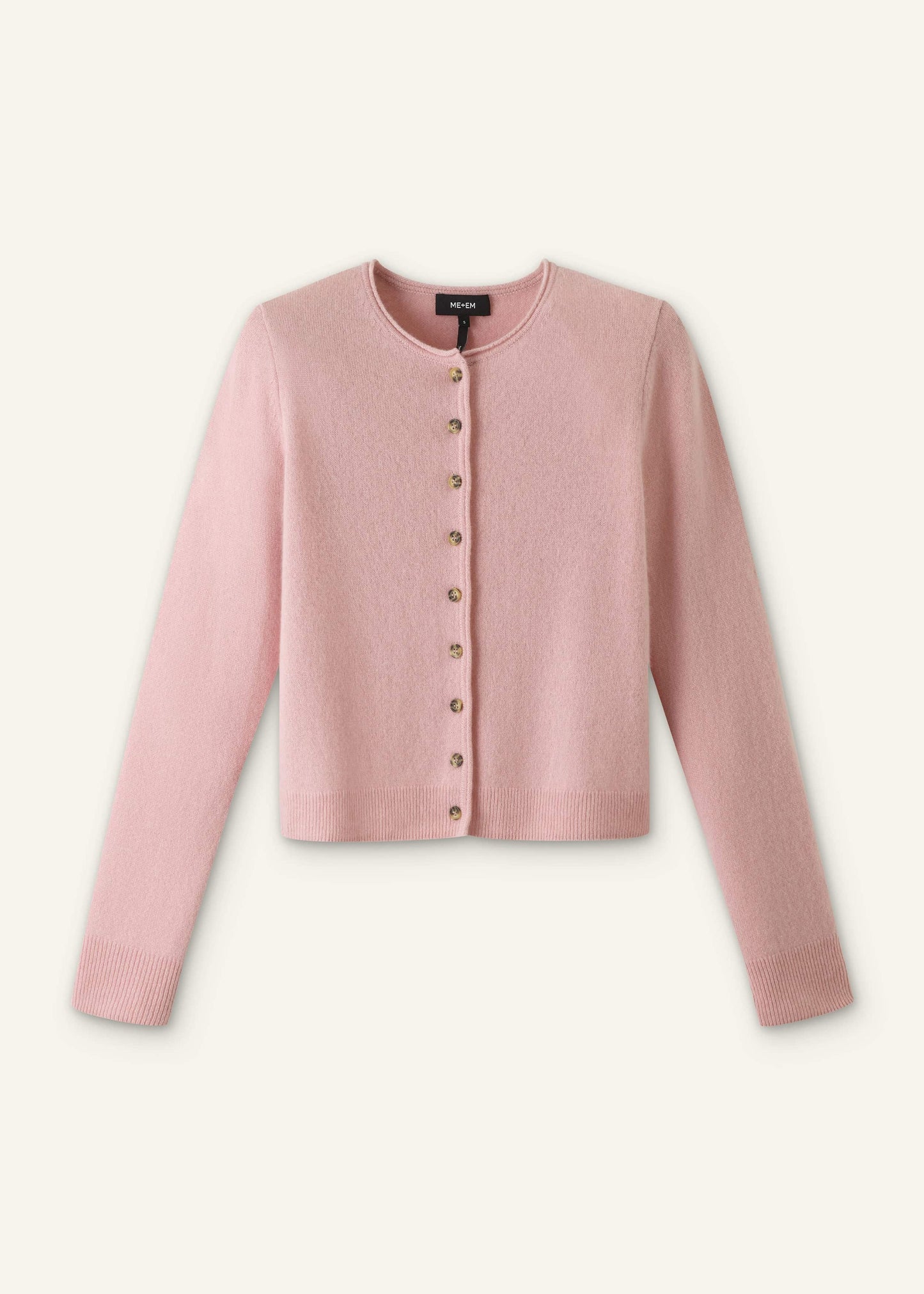 Pink Cashmere Roll Trim Straight Cardigan