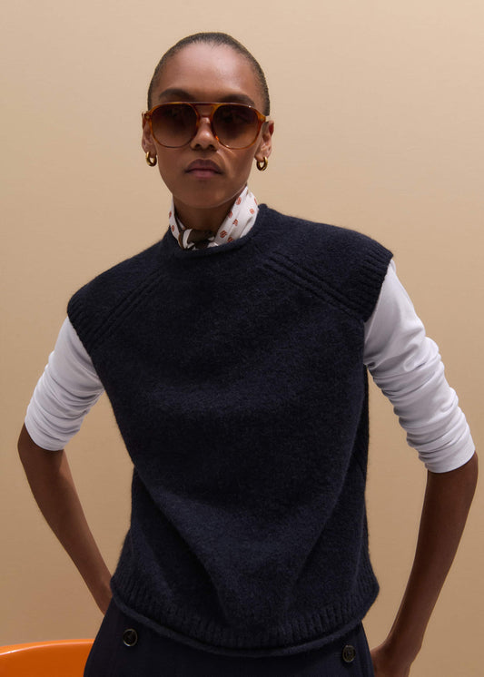 Navy Roll Trim Straight Layering Sweater Vest
