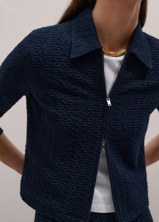 Navy Curling Crosses Jacquard Textured Zip Top