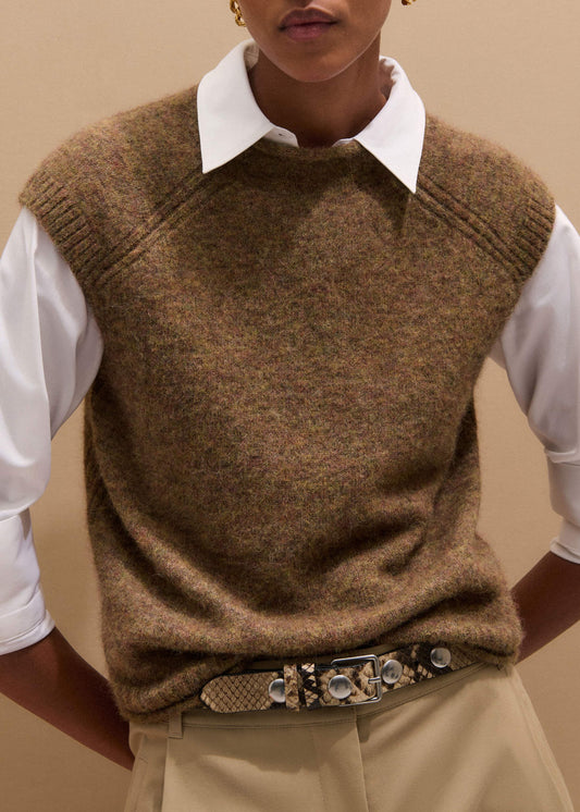 Brown Roll Trim Straight Layering Sweater Vest