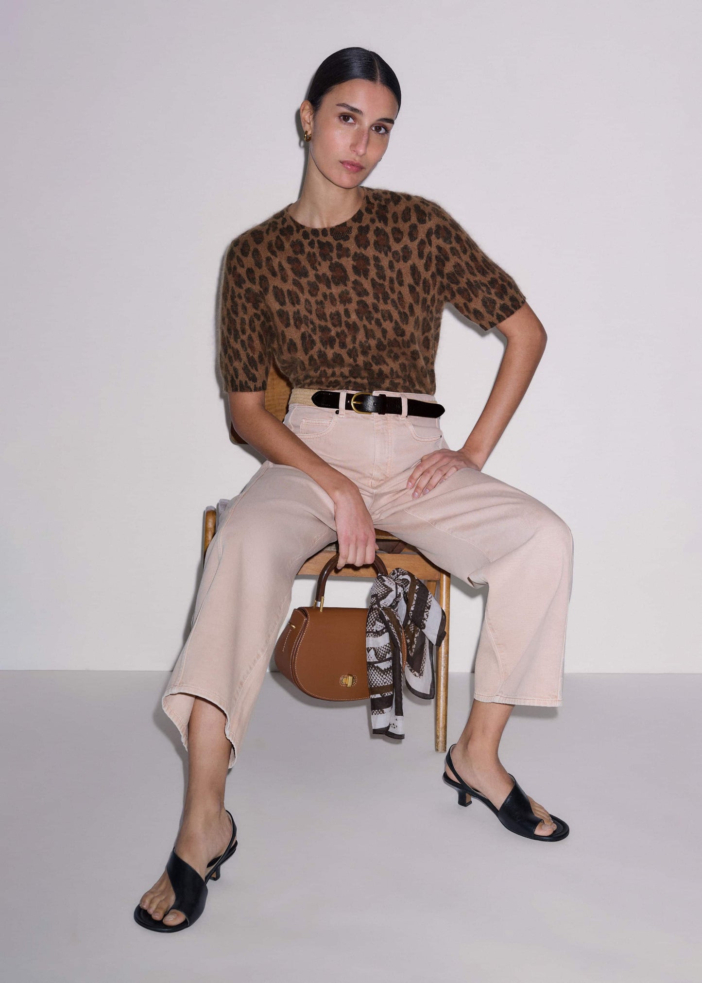 Brown Merino Cashmere Leopard Print Straight Knit Tee