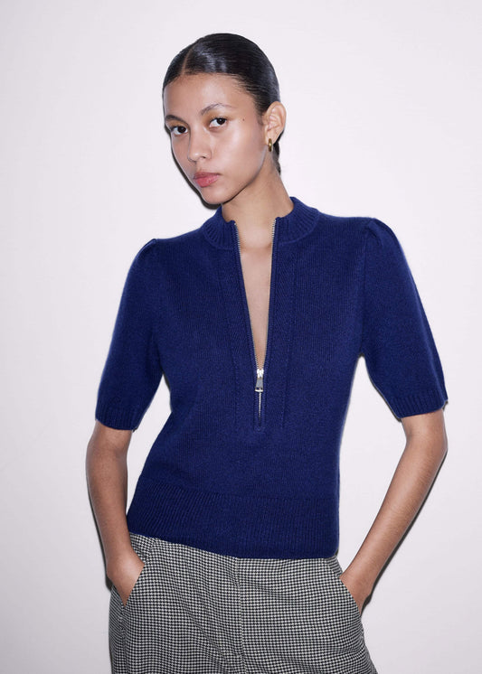 Blue Cashmere Zip Neck Pouf Sleeve Knit Tee