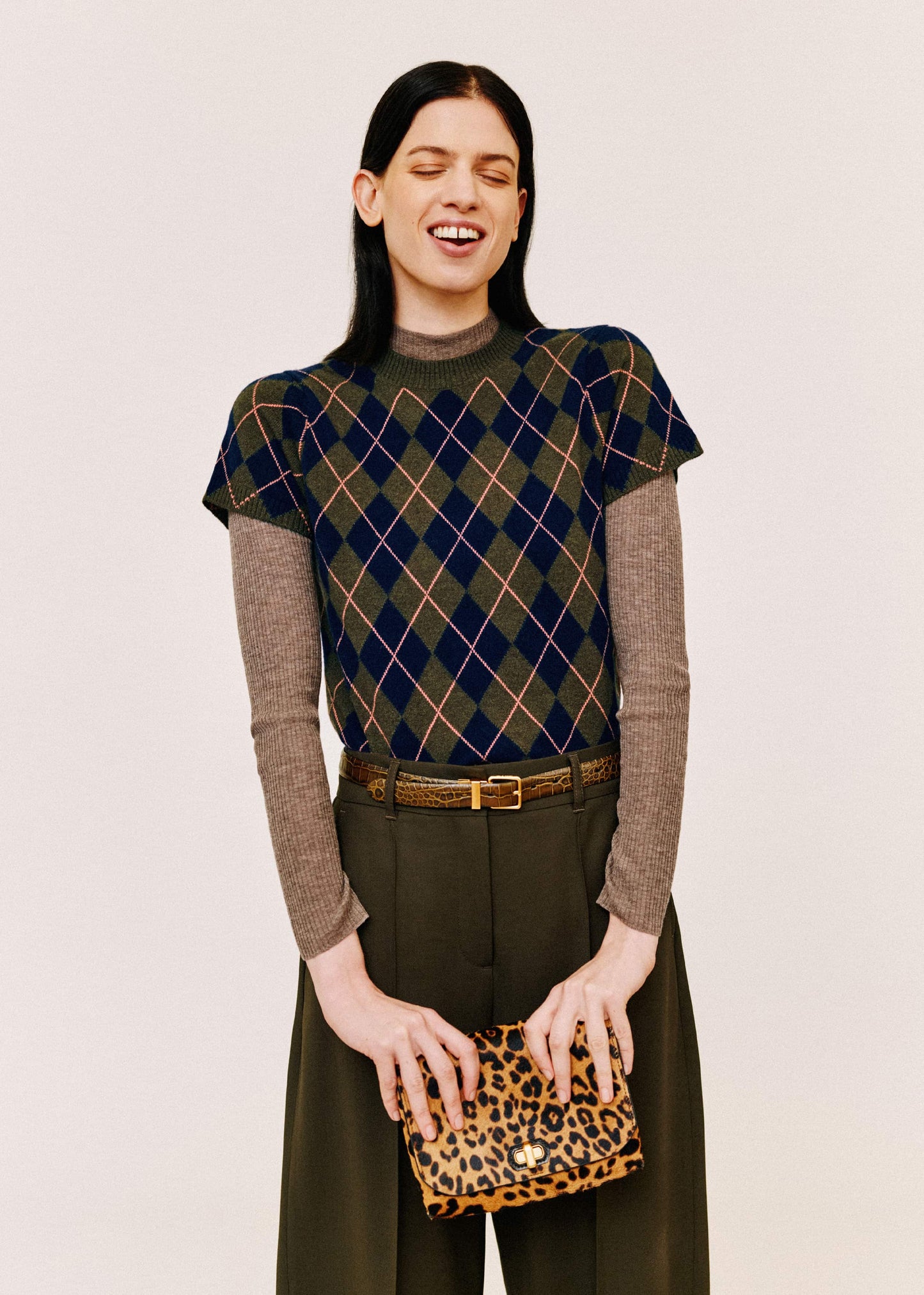 Olive Green Cashmere Argyle Knit Baby Tee