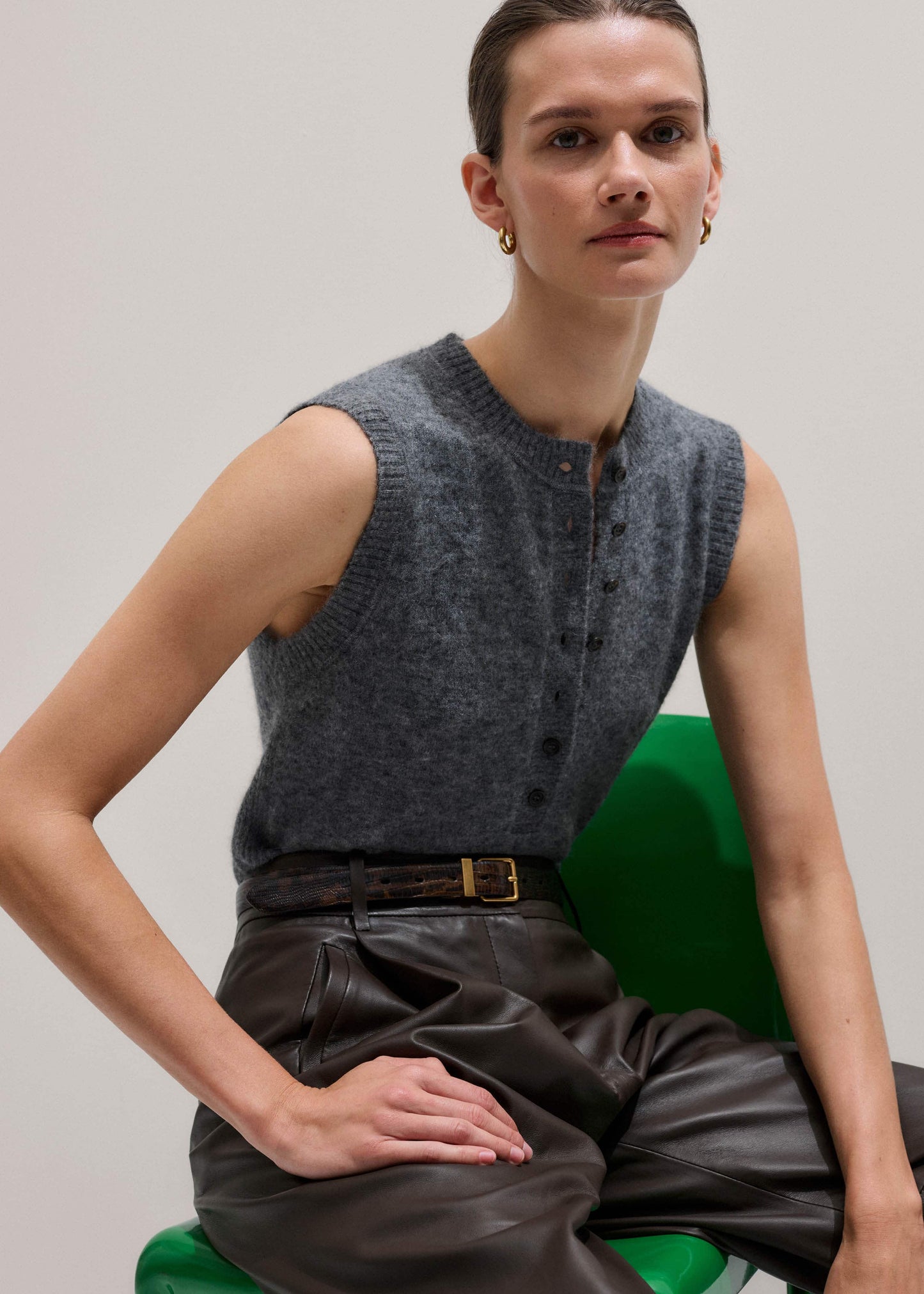 Grey Henley Straight Knit Vest