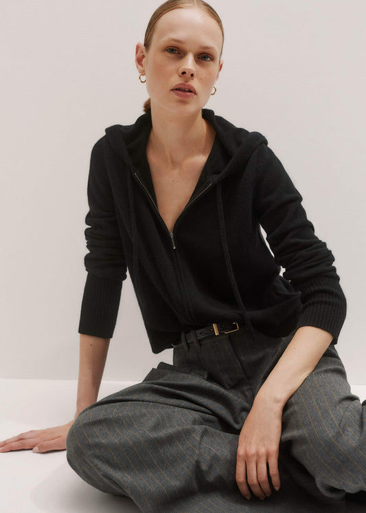 Black Cashmere Relaxed Fit Box Zip Hoodie