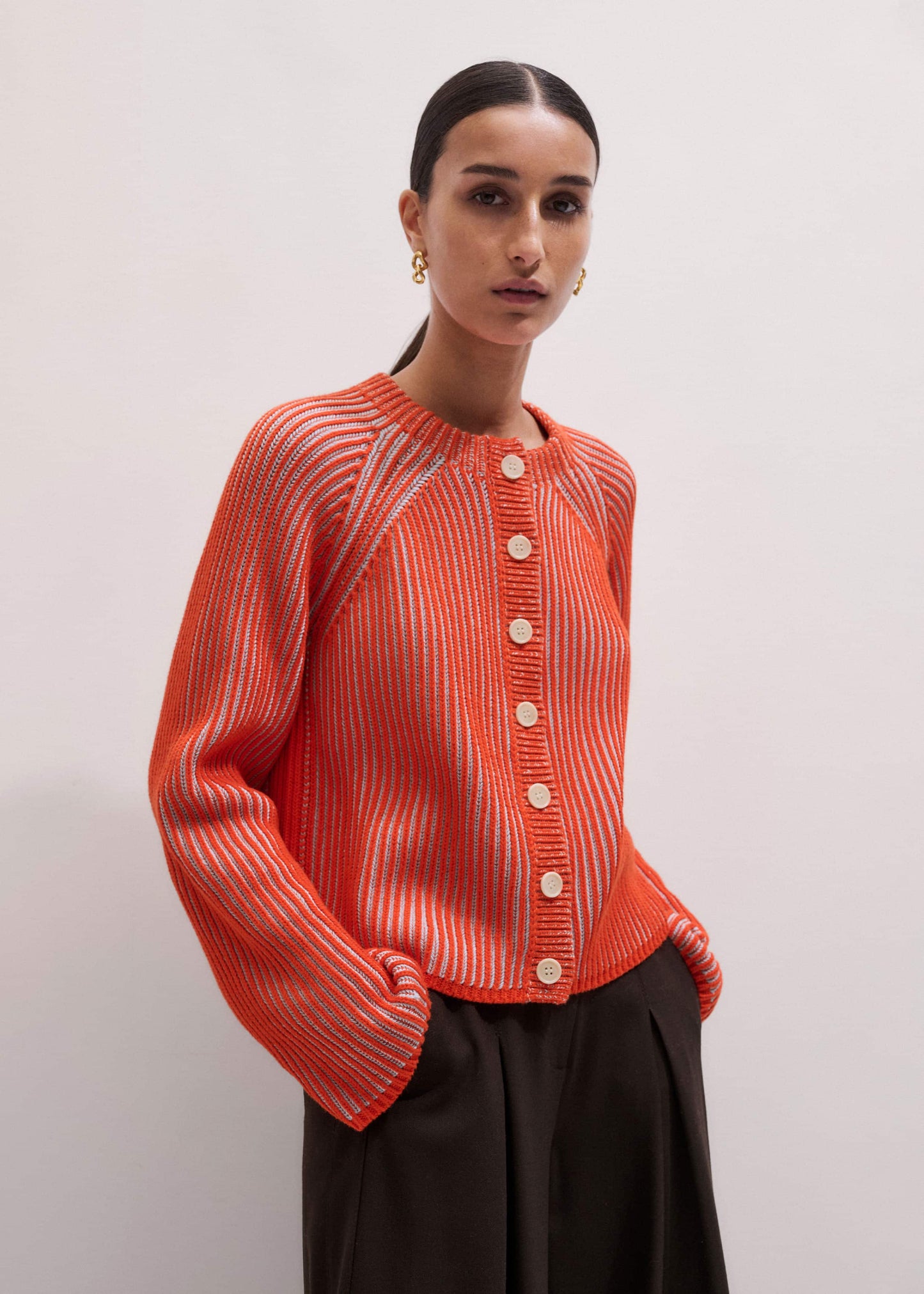 Orange Contrast Rib Straight Cardigan