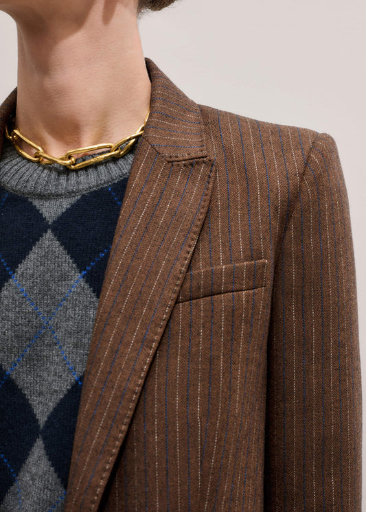 Brown Pinstripe Sharp Shoulder Blazer