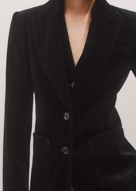 Black Stretch Velvet Sharp Shoulder Blazer