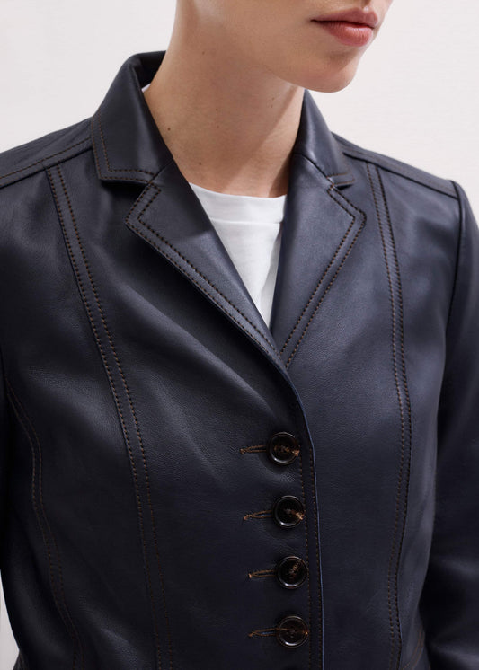 Navy Leather Luxe Short Fitted Blazer