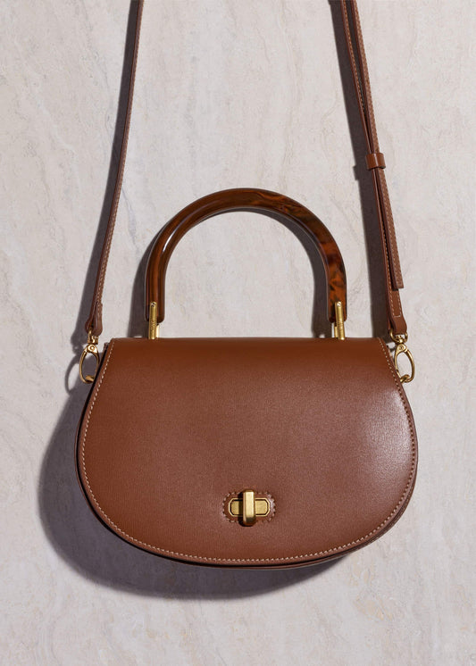 Dark Tan Resin Top Handle Structured Saddle Bag