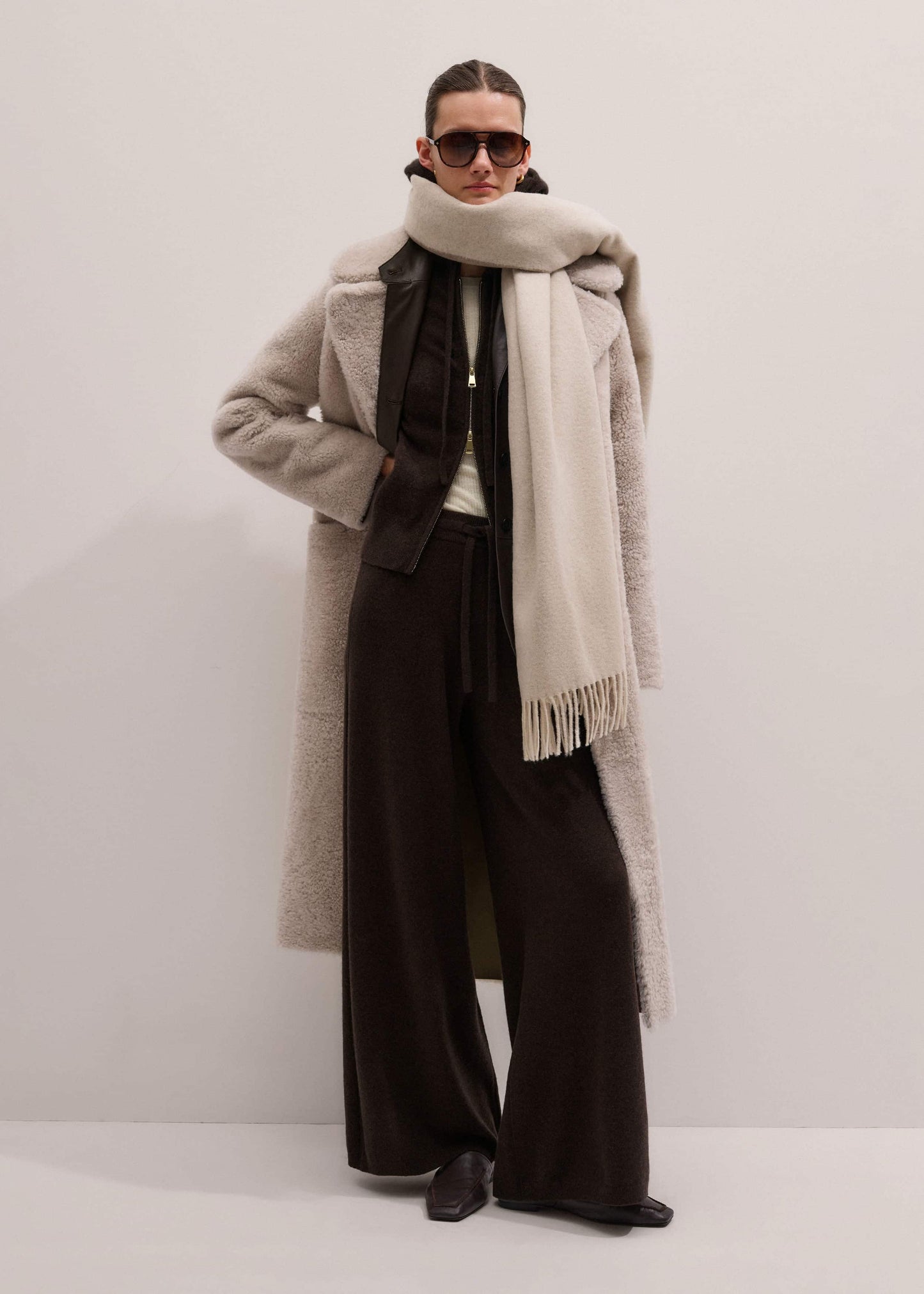 Brown Cashmere Straight Hoodie + Wide-Leg Pant Knitted Co-ord