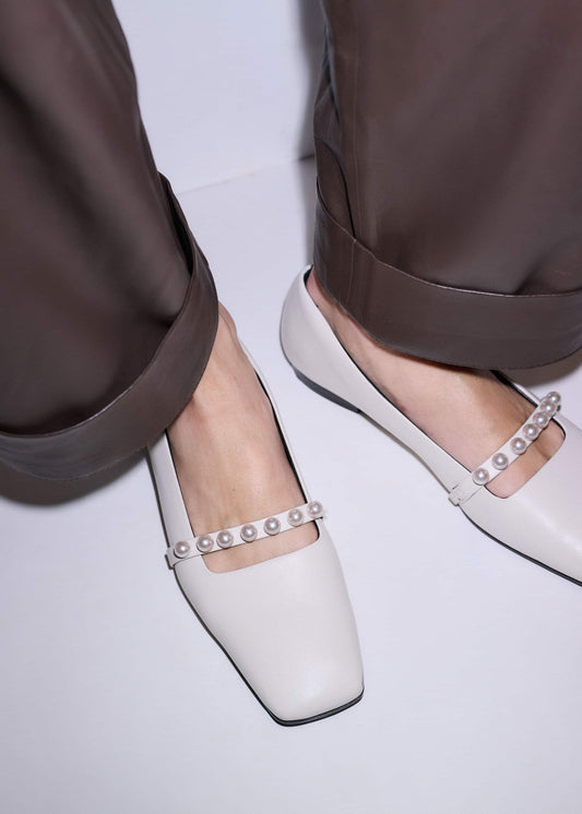 Off White Faux Pearl Square Toe Ballerina Flat