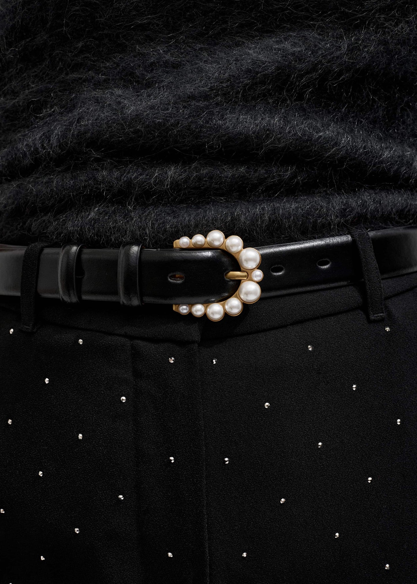 Black Faux Pearl Buckle Belt