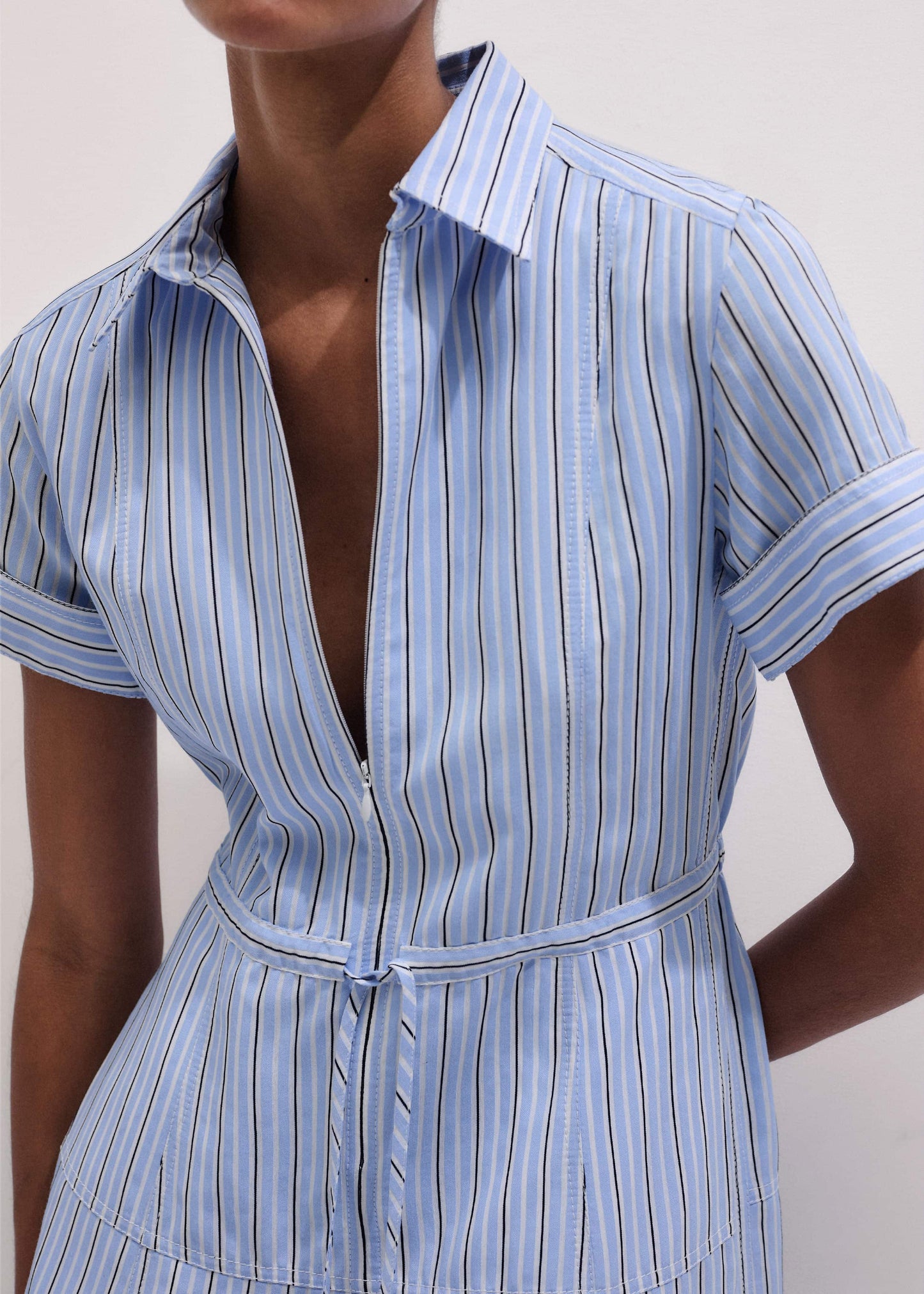 Blue Drawstring Waist Zip Neck Maxi Shirt Dress