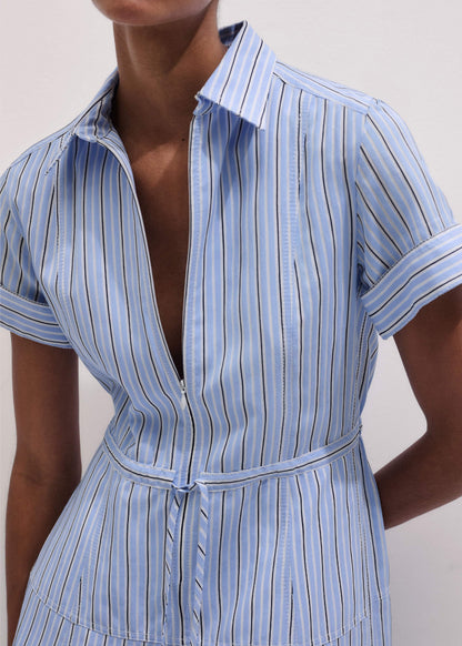 Blue Drawstring Waist Zip Neck Maxi Shirt Dress