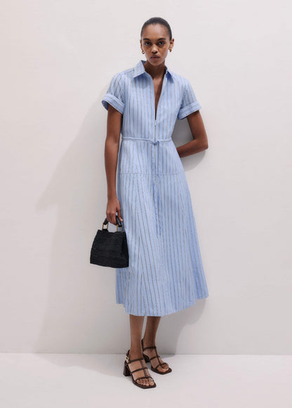 Blue Drawstring Waist Zip Neck Maxi Shirt Dress
