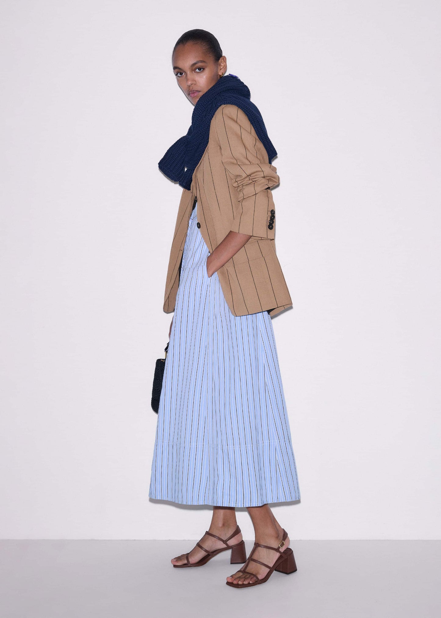 Blue Drawstring Waist Zip Neck Maxi Shirt Dress