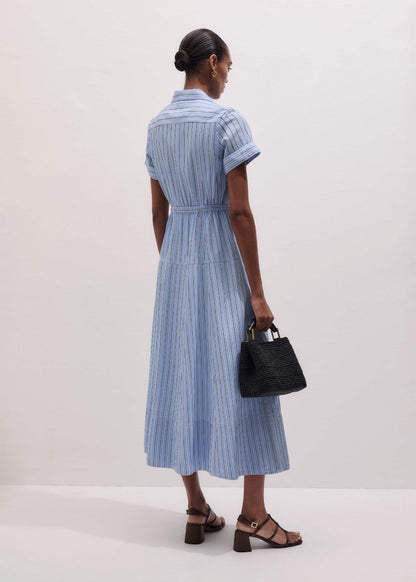 Blue Drawstring Waist Zip Neck Maxi Shirt Dress