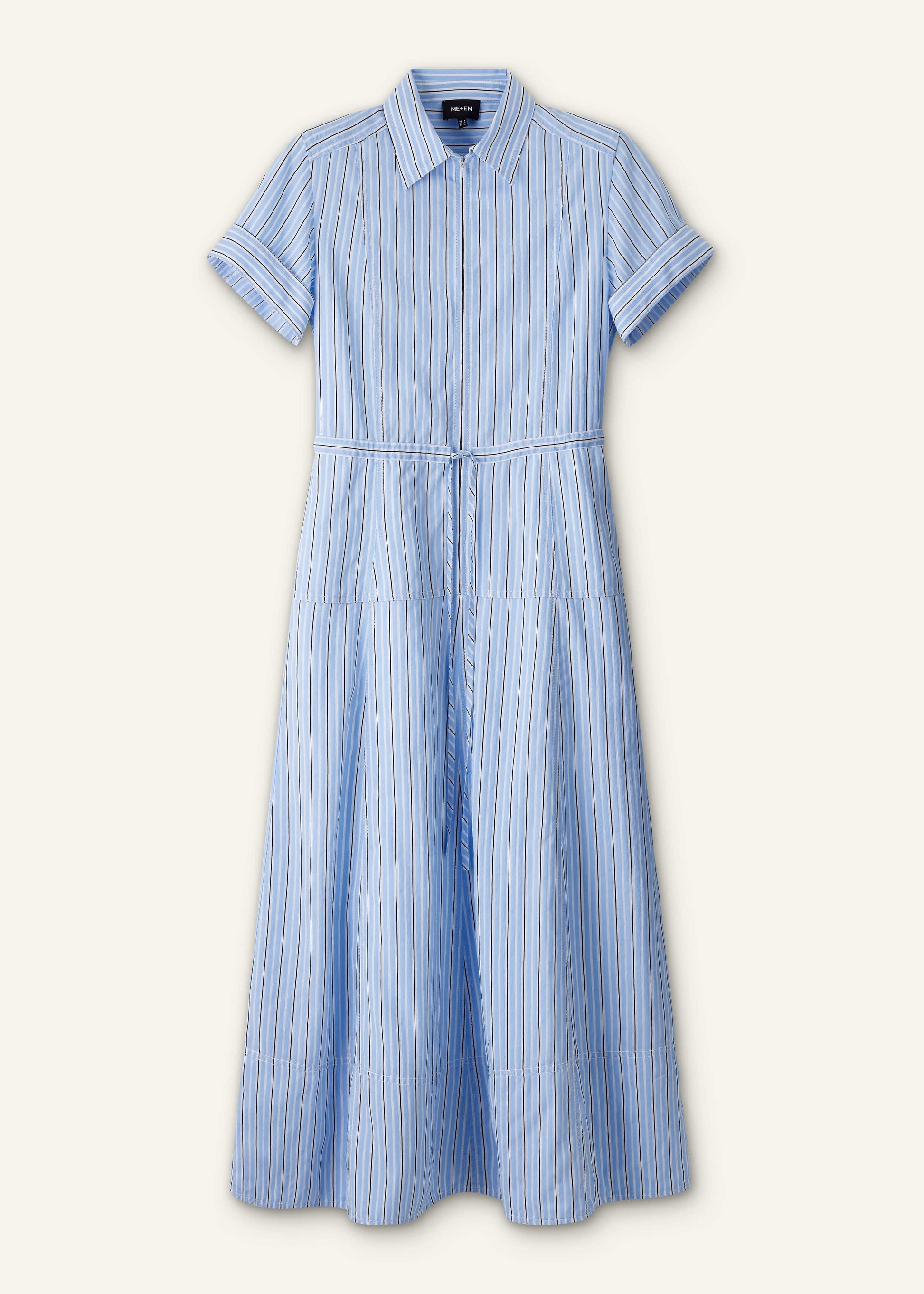Blue Drawstring Waist Zip Neck Maxi Shirt Dress
