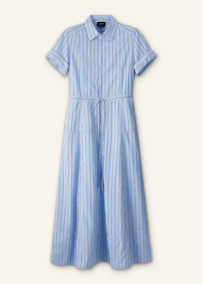 Blue Drawstring Waist Zip Neck Maxi Shirt Dress