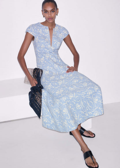 Blue Speckled Bloom Print Fit+Flare Maxi Dress