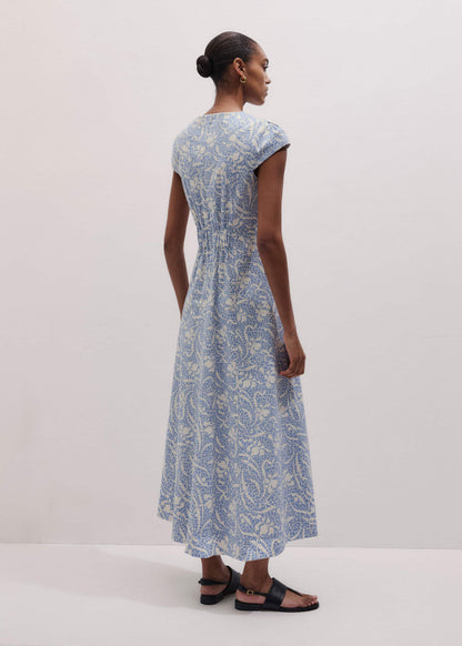 Blue Speckled Bloom Print Fit+Flare Maxi Dress