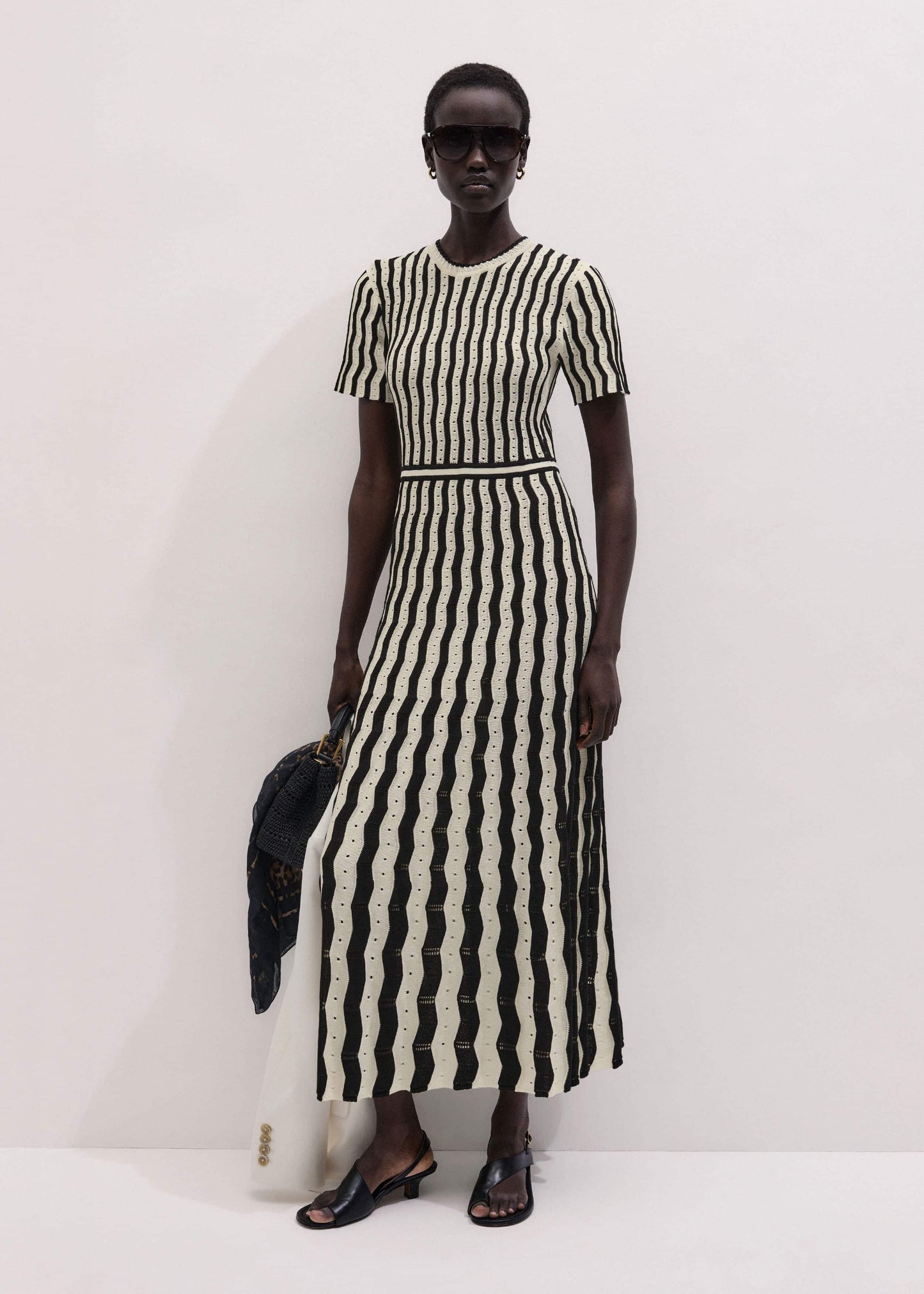 Cream Textured Pointelle Knit Stripe Maxi Dress