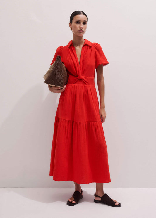 Red Cheesecloth Twist Detail Fit + Flare Maxi Dress
